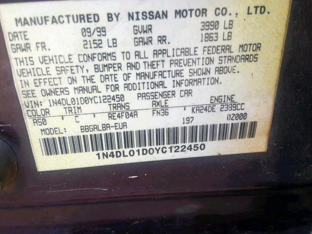 1N4DL01D0YC122450 - 2000 NISSAN ALTIMA XE PURPLE photo 10