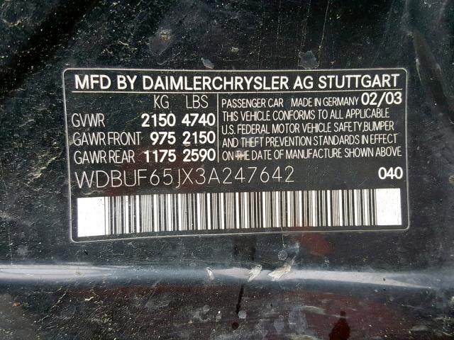 WDBUF65JX3A247642 - 2003 MERCEDES-BENZ E 320 BLACK photo 10