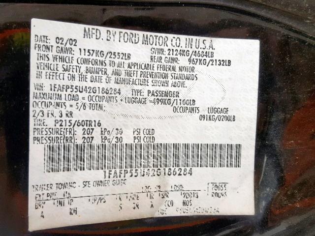 1FAFP55U42G186284 - 2002 FORD TAURUS SES BLACK photo 10