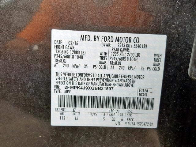 2FMPK4J9XGBB31597 - 2016 FORD EDGE SEL GRAY photo 10