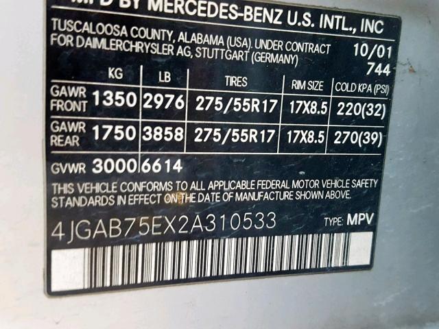 4JGAB75EX2A310533 - 2002 MERCEDES-BENZ ML 500 SILVER photo 10