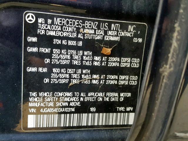 4JGAB54E0XA103114 - 1999 MERCEDES-BENZ ML 320 BLUE photo 10