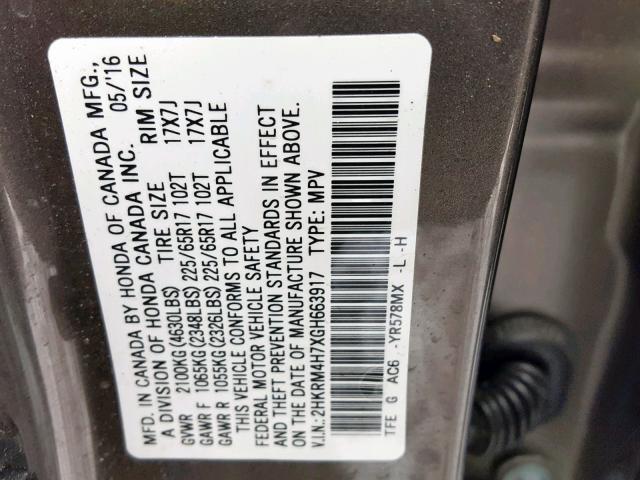 2HKRM4H7XGH663917 - 2016 HONDA CR-V EXL GRAY photo 10