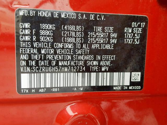 3CZRU6H57HM712734 - 2017 HONDA HR-V EX RED photo 10