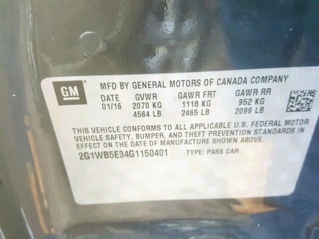 2G1WB5E34G1150401 - 2016 CHEVROLET IMPALA LIM GRAY photo 10