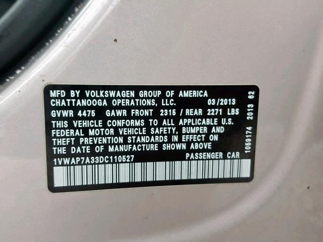 1VWAP7A33DC110527 - 2013 VOLKSWAGEN PASSAT S GRAY photo 10