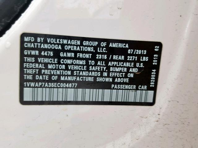 1VWAP7A35EC004677 - 2014 VOLKSWAGEN PASSAT S WHITE photo 10