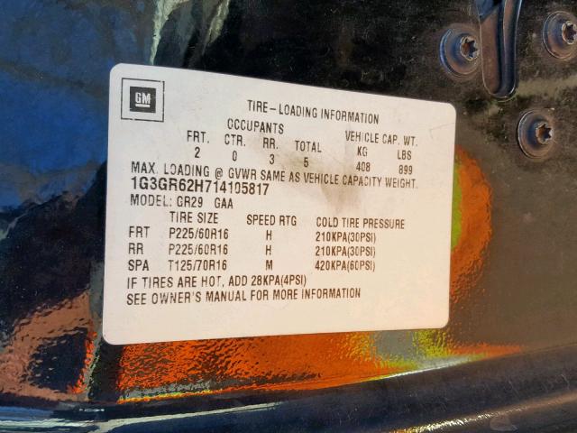 1G3GR62H714105817 - 2001 OLDSMOBILE AURORA BLACK photo 10