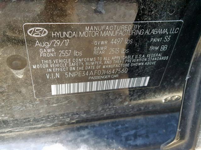 5NPE34AF0JH647560 - 2018 HYUNDAI SONATA SPO BLACK photo 10