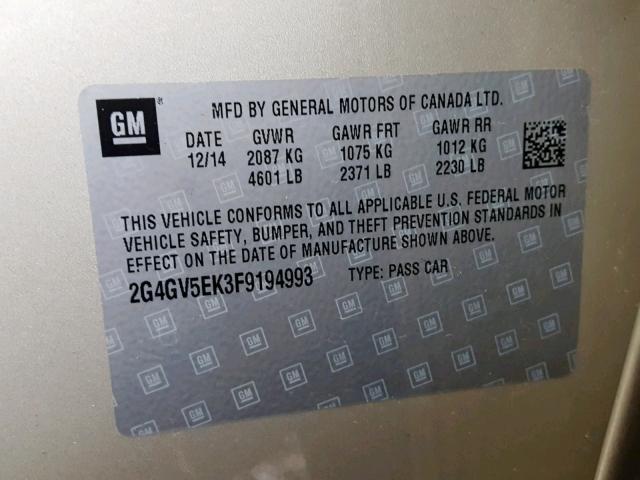 2G4GV5EK3F9194993 - 2015 BUICK REGAL GOLD photo 10