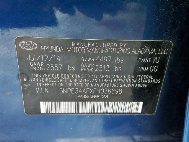 5NPE34AFXFH036698 - 2015 HYUNDAI SONATA SPO BLUE photo 10