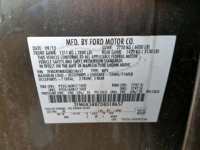 2FMGK5B87DBD18657 - 2013 FORD FLEX SE GRAY photo 10