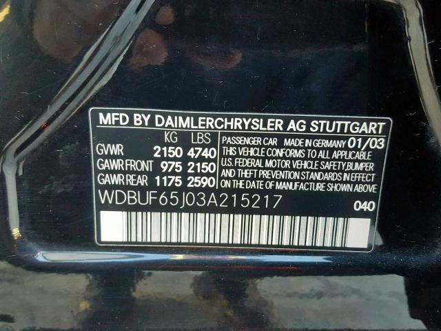 WDBUF65J03A215217 - 2003 MERCEDES-BENZ E 320 BLACK photo 10