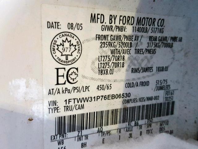 1FTWW31P76EB06530 - 2006 FORD F350 SRW S WHITE photo 10