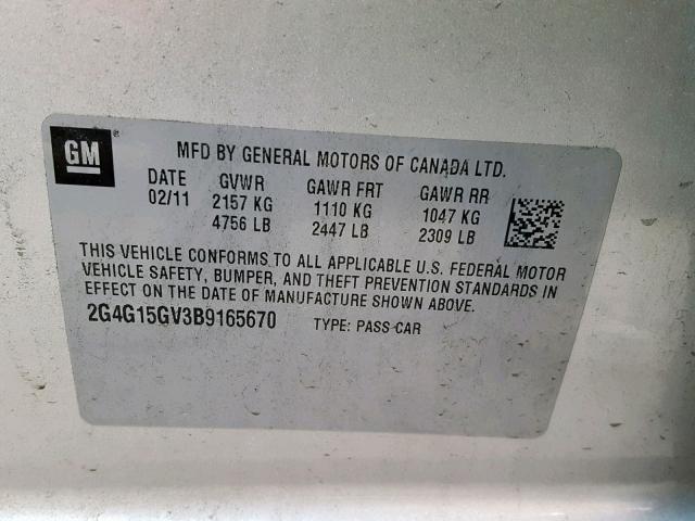 2G4G15GV3B9165670 - 2011 BUICK REGAL CXL GRAY photo 10