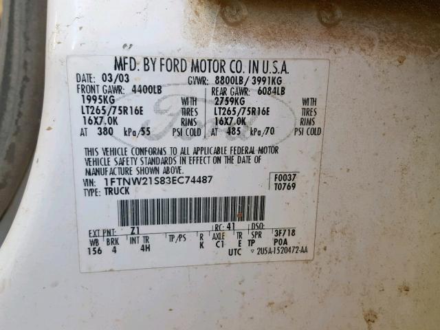 1FTNW21S83EC74487 - 2003 FORD F250 SUPER WHITE photo 10