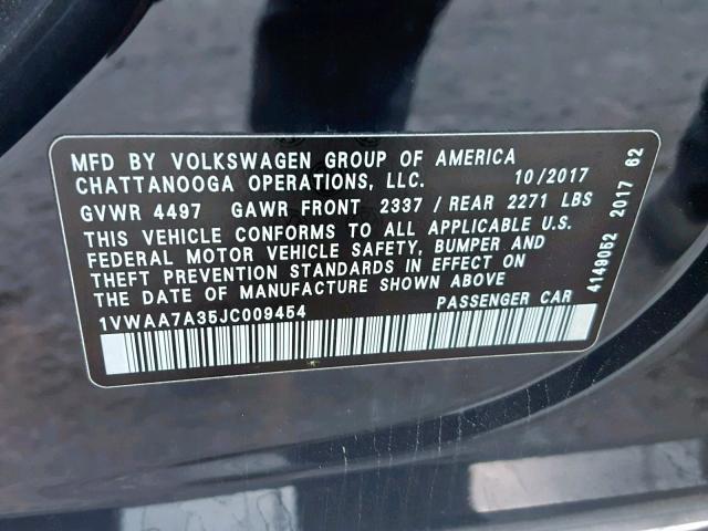 1VWAA7A35JC009454 - 2018 VOLKSWAGEN PASSAT S BLACK photo 10