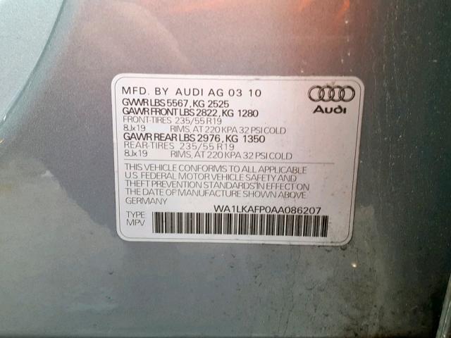 WA1LKAFP0AA086207 - 2010 AUDI Q5 PREMIUM SILVER photo 10