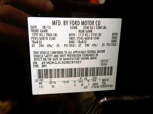 2FMDK3JC3DBC91521 - 2013 FORD EDGE SEL BLACK photo 10