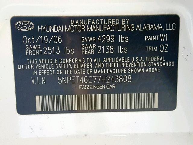 5NPET46C77H243808 - 2007 HYUNDAI SONATA GLS WHITE photo 10