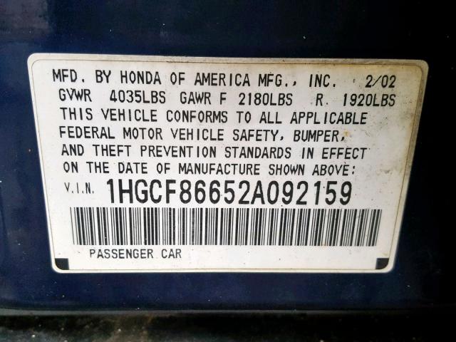 1HGCF86652A092159 - 2002 HONDA ACCORD VAL BLUE photo 10