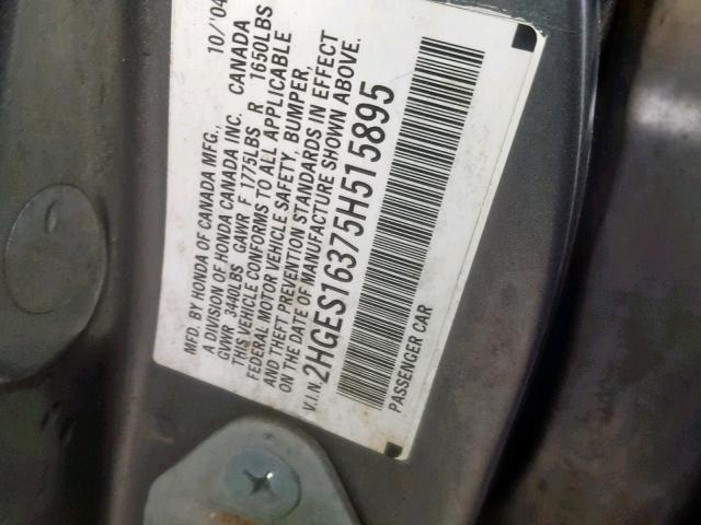 2HGES16375H515895 - 2005 HONDA CIVIC DX V GRAY photo 10