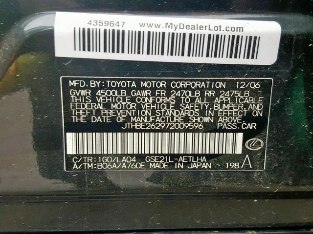 JTHBE262972009596 - 2007 LEXUS IS 350 CHARCOAL photo 10