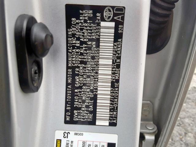 2T1BU40E39C096855 - 2009 TOYOTA COROLLA BA SILVER photo 10