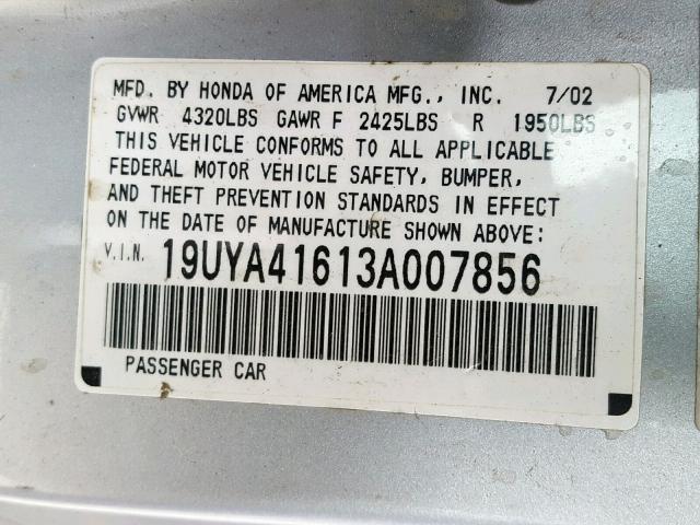 19UYA41613A007856 - 2003 ACURA 3.2CL TYPE SILVER photo 10