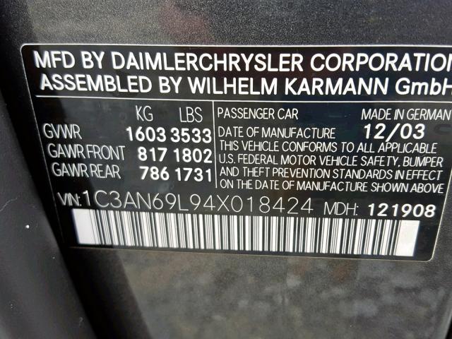 1C3AN69L94X018424 - 2004 CHRYSLER CROSSFIRE GRAY photo 10