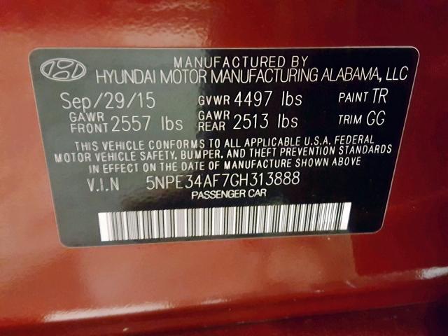 5NPE34AF7GH313888 - 2016 HYUNDAI SONATA SPO MAROON photo 10