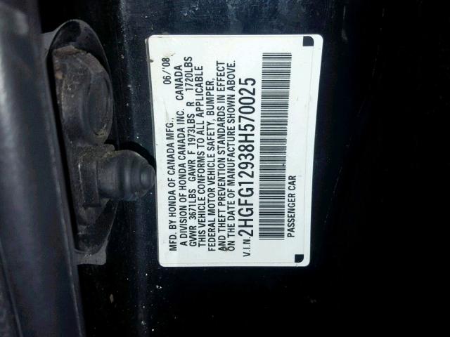 2HGFG12938H570025 - 2008 HONDA CIVIC EXL BLACK photo 10