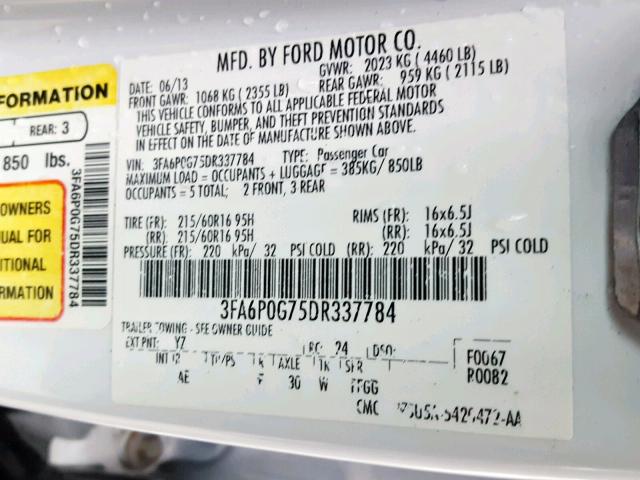 3FA6P0G75DR337784 - 2013 FORD FUSION S WHITE photo 10