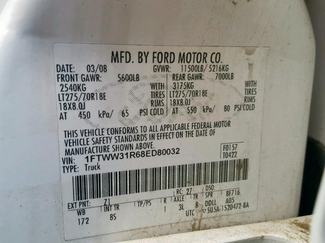 1FTWW31R68ED80032 - 2008 FORD F350 SRW S WHITE photo 10