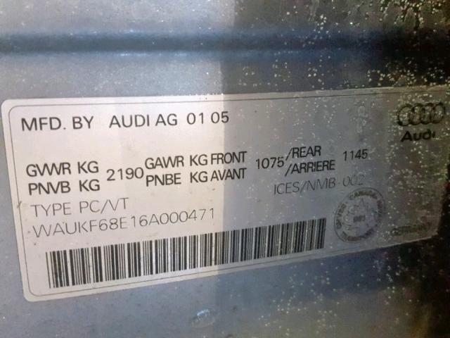 WAUKF68E16A000471 - 2006 AUDI A4 2.0T AV GRAY photo 10