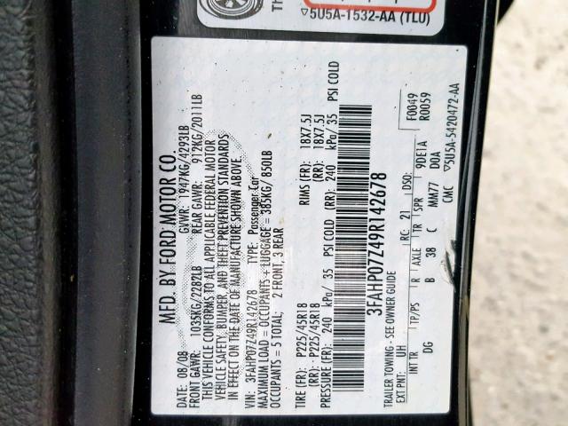 3FAHP07Z49R142678 - 2009 FORD FUSION SE BLACK photo 10