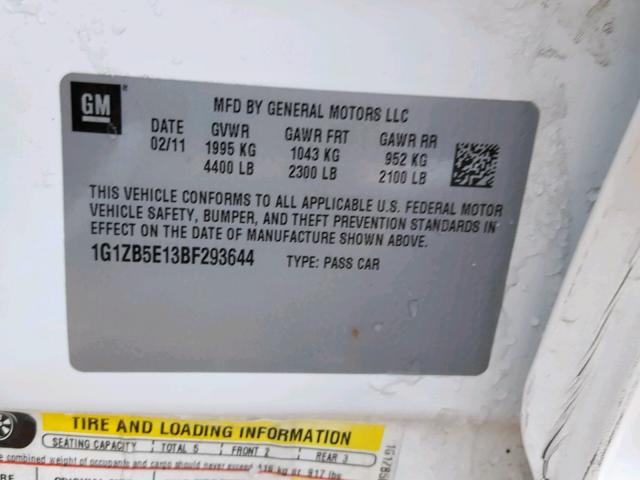 1G1ZB5E13BF293644 - 2011 CHEVROLET MALIBU LS WHITE photo 10