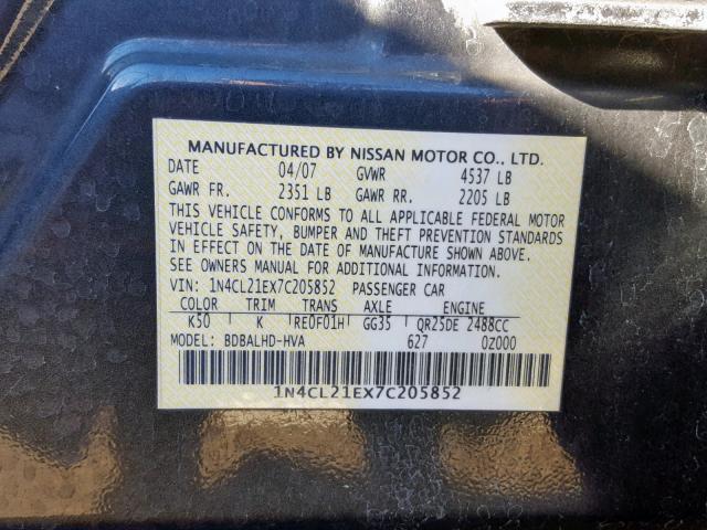 1N4CL21EX7C205852 - 2007 NISSAN ALTIMA HYB GRAY photo 10