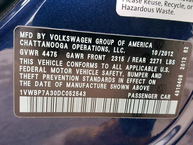 1VWBP7A30DC052543 - 2013 VOLKSWAGEN PASSAT SE BLUE photo 10