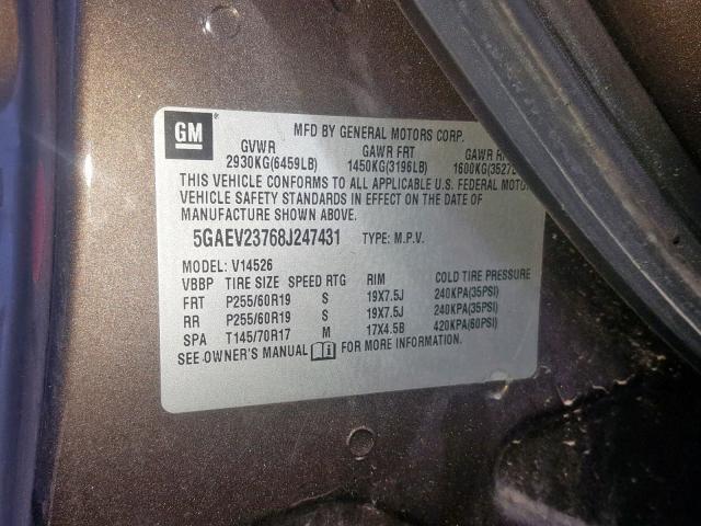 5GAEV23768J247431 - 2008 BUICK ENCLAVE CX GRAY photo 10