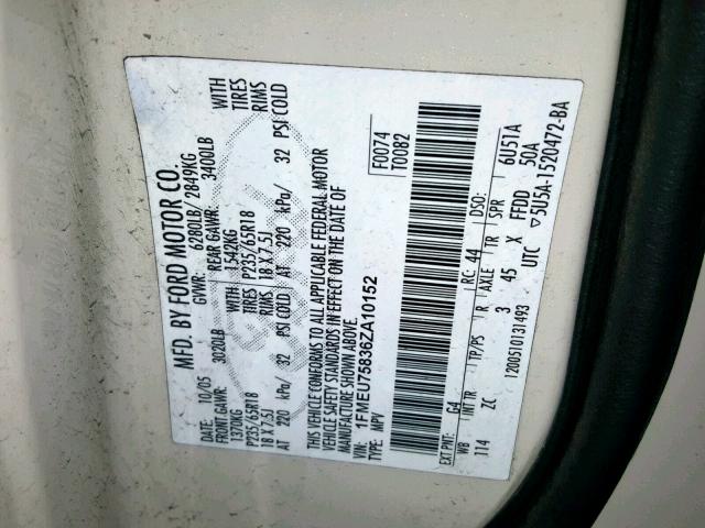 1FMEU75836ZA10152 - 2006 FORD EXPLORER L CREAM photo 10