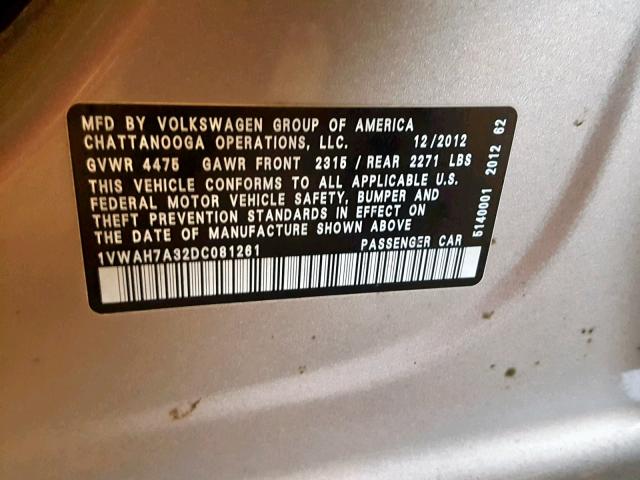 1VWAH7A32DC081261 - 2013 VOLKSWAGEN PASSAT S SILVER photo 10