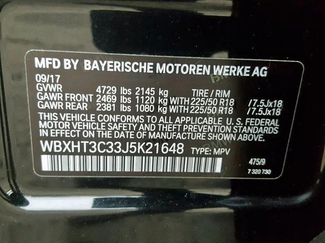 WBXHT3C33J5K21648 - 2018 BMW X1 XDRIVE2 BLACK photo 10