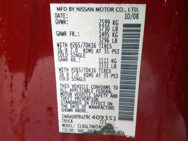 1N6AD09U29C409351 - 2009 NISSAN FRONTIER C RED photo 10