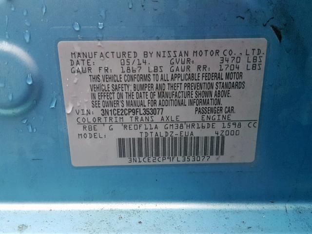 3N1CE2CP9FL353077 - 2015 NISSAN VERSA NOTE BLUE photo 10