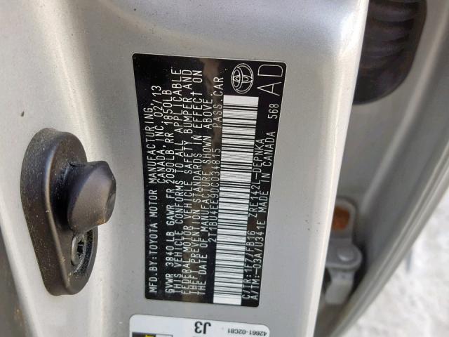 2T1BU4EE9DC034815 - 2013 TOYOTA COROLLA BA SILVER photo 10