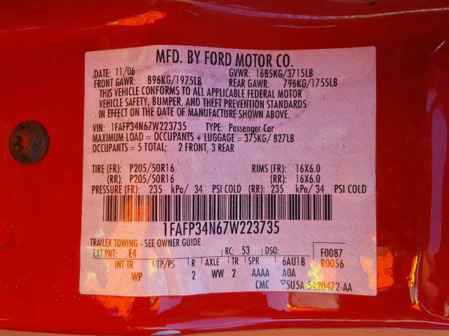 1FAFP34N67W223735 - 2007 FORD FOCUS ZX4 RED photo 10