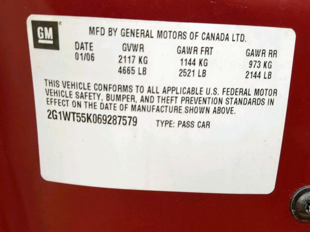 2G1WT55K069287579 - 2006 CHEVROLET IMPALA LT BURGUNDY photo 10