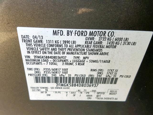 2FMGK5B84DBD36937 - 2013 FORD FLEX SE CHARCOAL photo 10