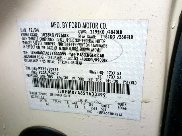 1LNHM87A85Y633399 - 2005 LINCOLN LS WHITE photo 10